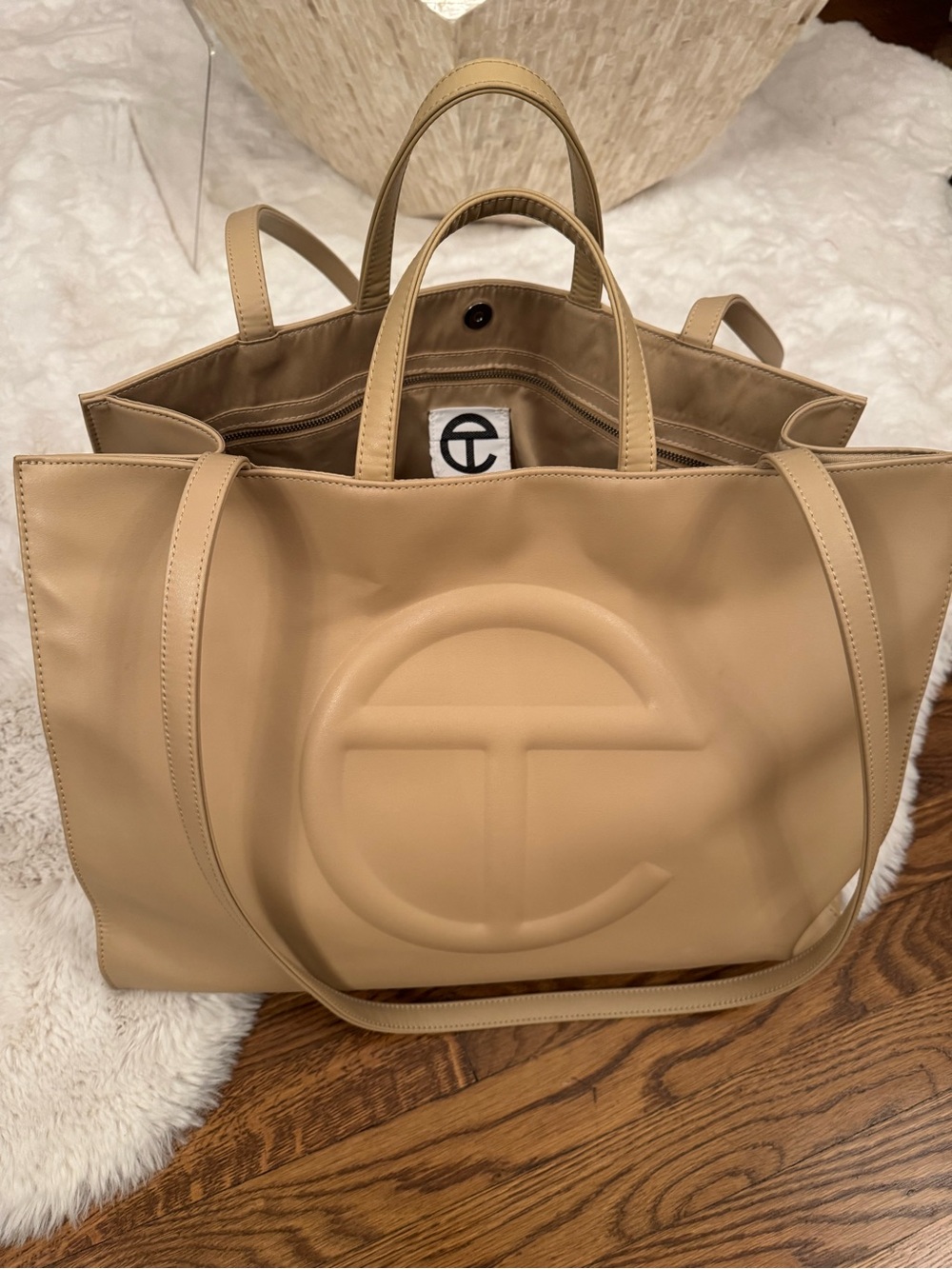 Telfar Cream Leather Shopping Tote with Debossed Logo - Picture 2 of 7